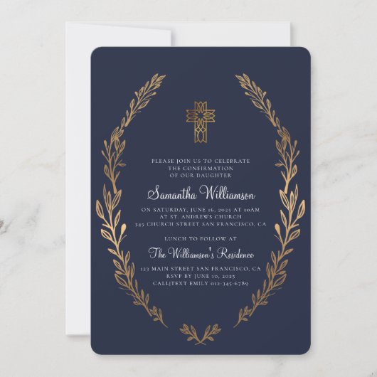 Faux Gold Foliage Blue Confirmation Kaart (Voorkant)