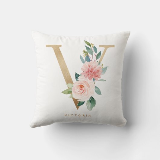 Faux Gold Folie Bloembrief V Monogram Kwekerij Kussen (Achterkant)