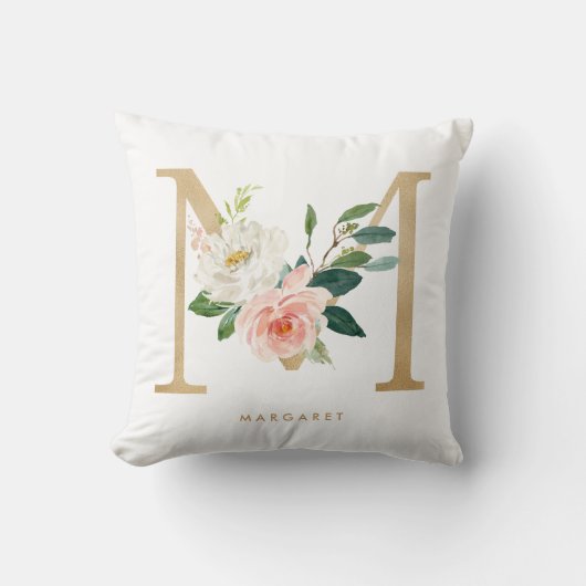 Faux Gold Folie Bloemen Letter M Monogram Kwekerij Kussen (Voorkant)