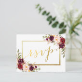 Faux Gold Folie Bourgondië Bloemen Huwelijk RSVP Briefkaart (Staand voorkant)