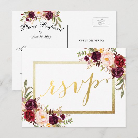 Faux Gold Folie Bourgondië Bloemen Huwelijk RSVP Briefkaart (Voorkant / Achterkant)