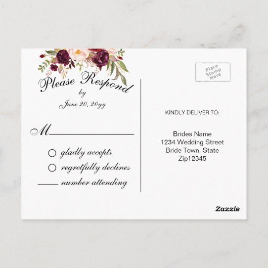 Faux Gold Folie Bourgondië Bloemen Huwelijk RSVP Briefkaart (Achterkant)