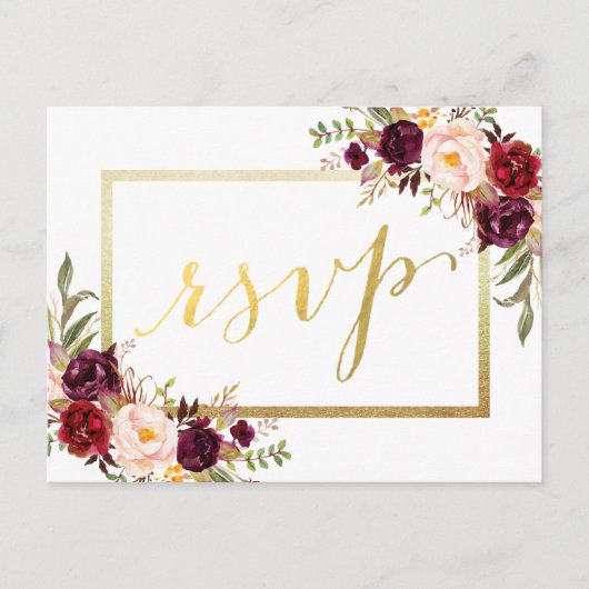 Faux Gold Folie Bourgondië Bloemen Huwelijk RSVP Briefkaart (Voorkant)