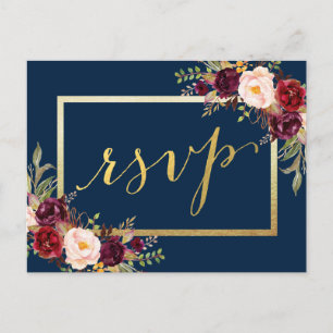 Faux Gold Folie Bourgondië Floral Navy Wedding RSV Briefkaart