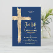 Faux gold folie cross-on blue | Eerste mededeling Kaart (Staand voorkant)