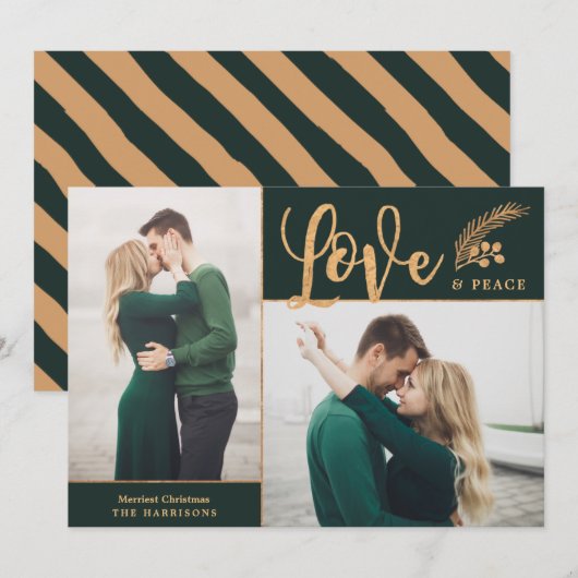 Faux Gold Folie Elegante Liefde Vrede Foto | Groen Feestdagenkaart (Voorkant / Achterkant)