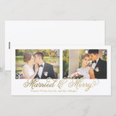 Faux Gold Folie Getrouwd & Vrolijk 2-Foto Feestdagenkaart (Voorkant / Achterkant)