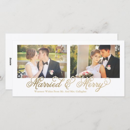 Faux Gold Folie Getrouwd & Vrolijk 2-Foto Feestdagenkaart (Voorkant / Achterkant)