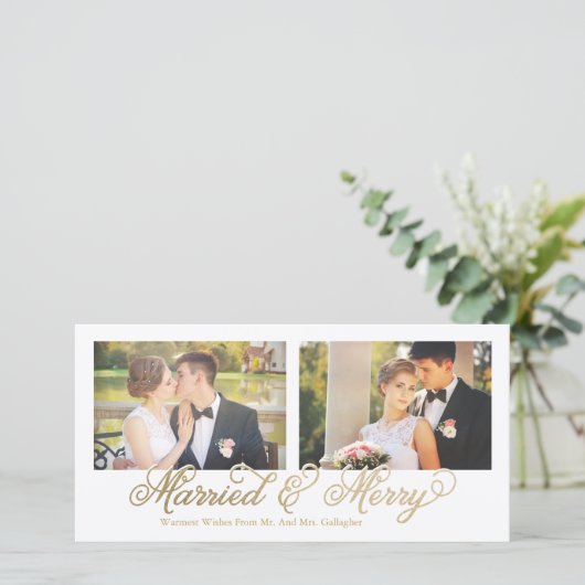 Faux Gold Folie Getrouwd & Vrolijk 2-Foto Feestdagenkaart (Staand voorkant)