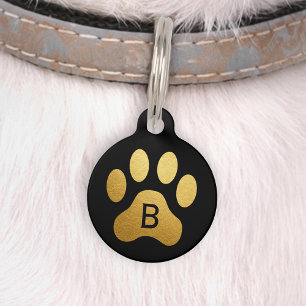Faux Gold Folie Hond Paw Print Monogram Zwart Huisdierpenning