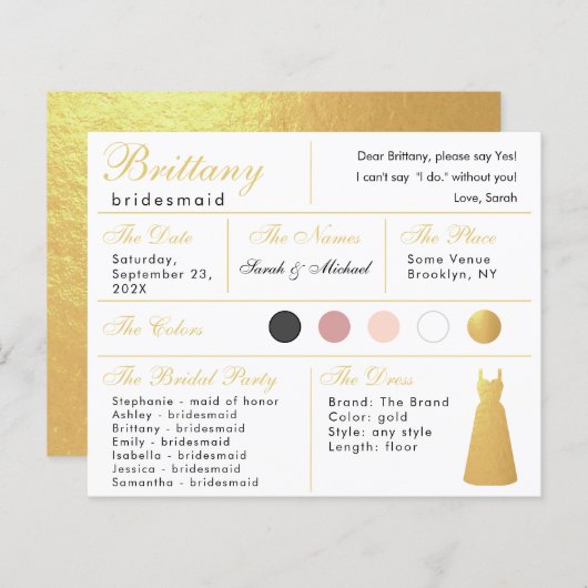 Faux Gold Folie Jurk Bruidsmeisje Informatie Kaart (Voorkant / Achterkant)