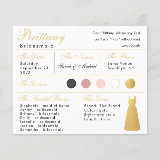 Faux Gold Folie Jurk Bruidsmeisje Informatie Kaart (Voorkant)