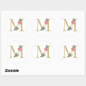 Faux Gold Folie Letter M Blush Bloemen Monogram Ronde Sticker (Vel)