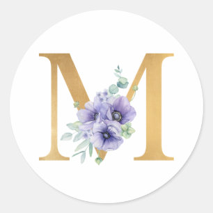 Faux Gold Folie Letter M Violet Floral Monogram Ronde Sticker