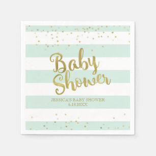 Faux Gold Folie Mint Green Stripes Baby shower Servetten
