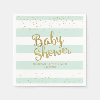 Faux Gold Folie Mint Green Stripes Baby shower Servetten