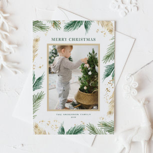 Faux Gold Folie Pine Naalden Foto Kerstmis Feestdagenkaart