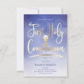 FAUX Gold folie script op blauw | Eerste mededelin Kaart (Voorkant)