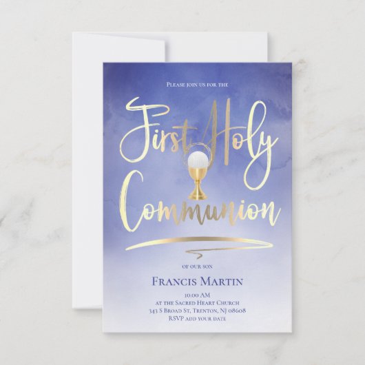 FAUX Gold folie script op blauw | Eerste mededelin Kaart (Voorkant)