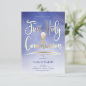 FAUX Gold folie script op blauw | Eerste mededelin Kaart (Staand voorkant)