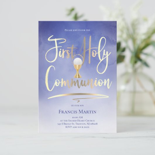 FAUX Gold folie script op blauw | Eerste mededelin Kaart (Staand voorkant)