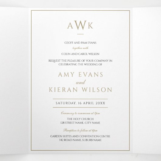 Faux Gold formele traditionele script bruiloft Drieluik Uitnodiging (Binnenkant midden)