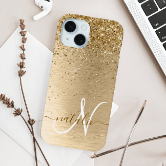 Faux Gold geborsteld metaal Glitter Print Monogram iPhone 15 Case