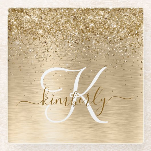 Faux Gold geborsteld metaal Glitter Print Monogram Glazen Onderzetter (Voorkant)