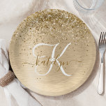 Faux Gold geborsteld metaal Glitter Print Monogram Papieren Bordje<br><div class="desc">Pas dit trendy bord met een stijlvol  met  gouden mousserende glitter op een gouden geborstelde metalen achtergrond eenvoudig aan.</div>
