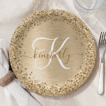 Faux Gold geborsteld metaal Glitter Print Monogram Papieren Bordje<br><div class="desc">Pas dit trendy bord met een stijlvol  met  gouden mousserende glitter op een gouden geborstelde metalen achtergrond eenvoudig aan.</div>