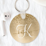 Faux Gold geborsteld metaal Glitter Print Monogram Sleutelhanger<br><div class="desc">Maak dit trendy ontwerp van de sleutelhanger met  gouden mousserende glitter gemakkelijk aan te passen op een gouden geborstelde metalen achtergrond.</div>