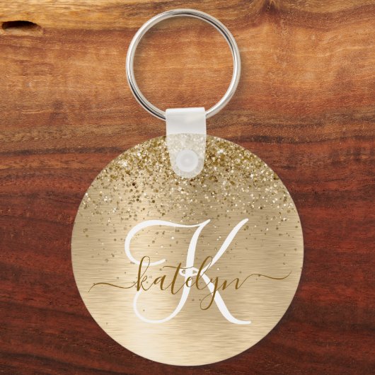 Faux Gold geborsteld metaal Glitter Print Monogram Sleutelhanger (Voorkant)