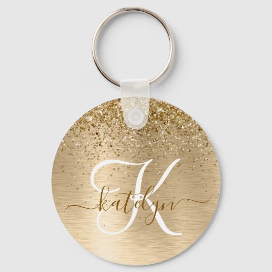 Faux Gold geborsteld metaal Glitter Print Monogram Sleutelhanger (Achterkant)