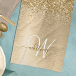 Faux Gold geborsteld metaal Glitter Print Monogram Theedoek<br><div class="desc">Maak dit trendy keukenhanddoeken met  gouden mousserende glitter gemakkelijk persoonlijk op een gouden geborstelde metalen achtergrond.</div>