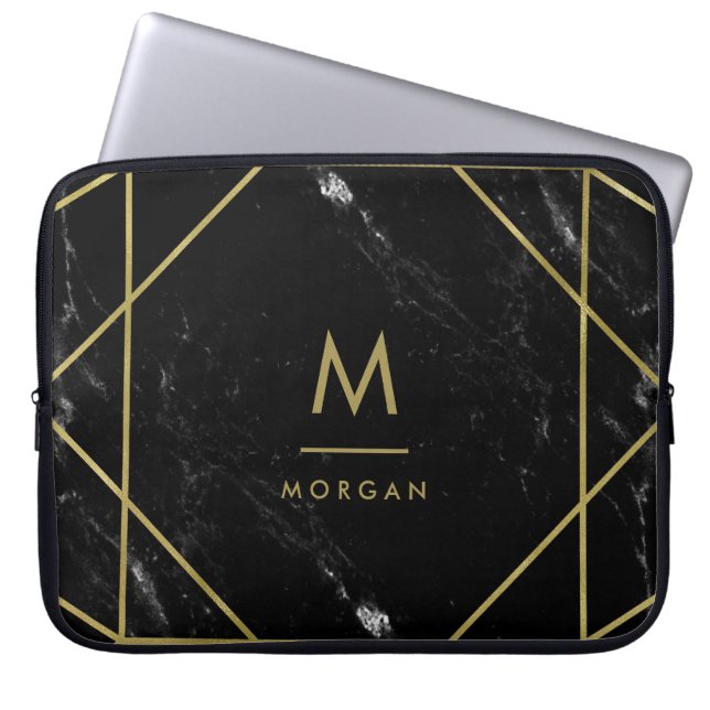 Faux Gold Geometric Design on Black Marble-look Laptop Sleeve (Voorkant)