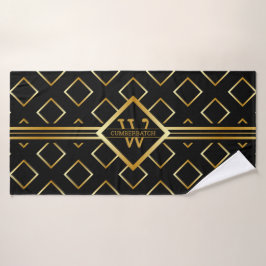 FAUX Gold Geometric Pattern met Monogram op BLACK Bad Handdoek