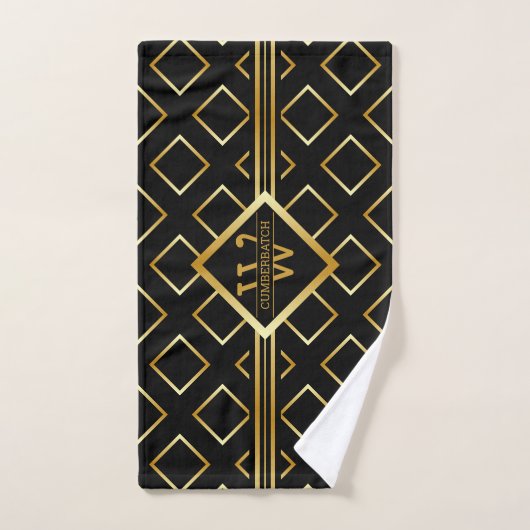 FAUX Gold Geometric Pattern met Monogram op BLACK Bad Handdoek (Handdoek)