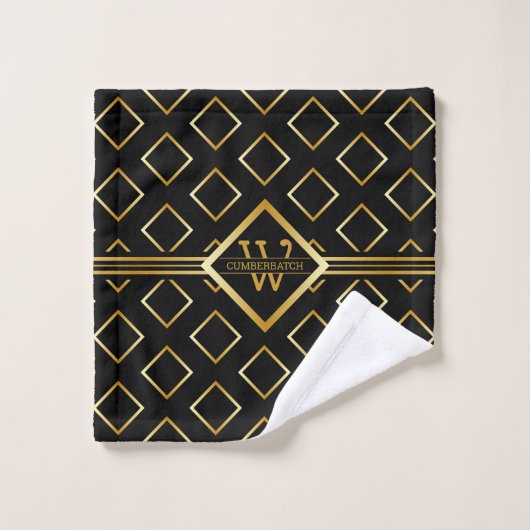 FAUX Gold Geometric Pattern met Monogram op BLACK Bad Handdoek (Wasdoekje)