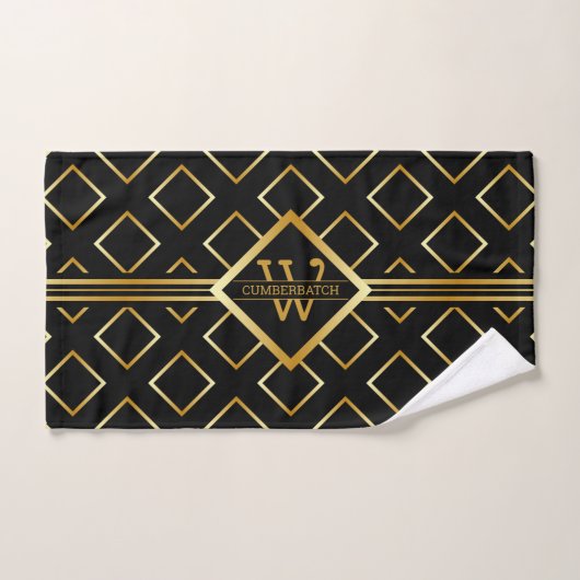 FAUX Gold Geometric Pattern met Monogram op BLACK Bad Handdoek (Handdoek)