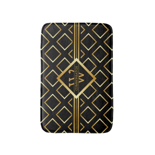 FAUX Gold Geometric Pattern met Monogram op BLACK Badmat (Voorkant Verticaal)