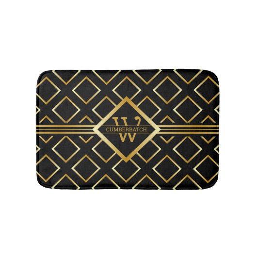 FAUX Gold Geometric Pattern met Monogram op BLACK Badmat (Voorkant)