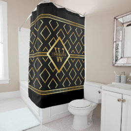 FAUX Gold Geometric Pattern met Monogram op BLACK Douchegordijn