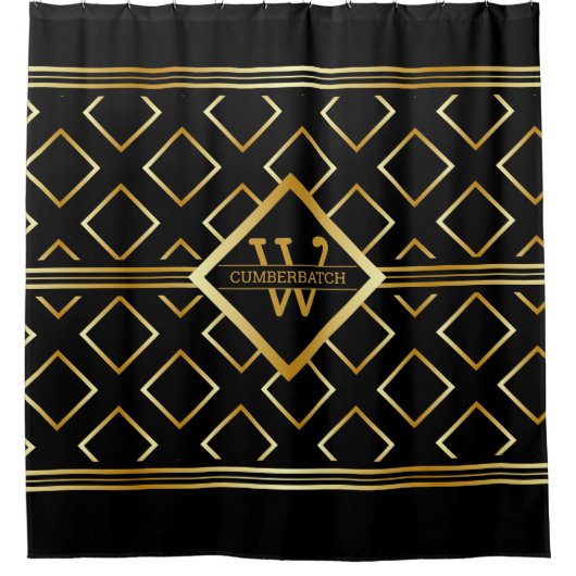FAUX Gold Geometric Pattern met Monogram op BLACK Douchegordijn (Voorkant)