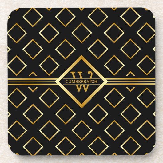 FAUX Gold Geometric Pattern with Monogram on BLACK Bier Onderzetter (Voorkant)