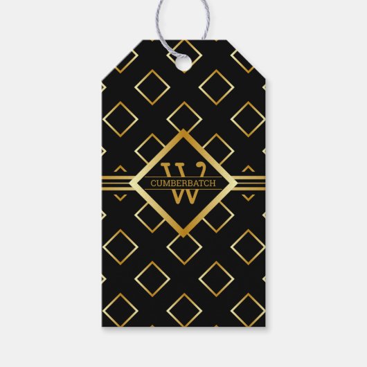 FAUX Gold Geometric Pattern with Monogram on BLACK Cadeaulabel (Voorkant)
