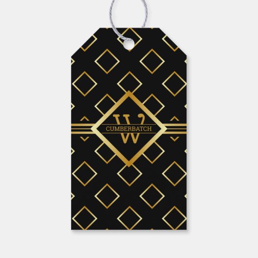FAUX Gold Geometric Pattern with Monogram on BLACK Cadeaulabel (Achterkant)