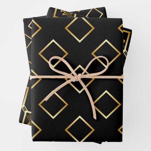 FAUX Gold Geometric Pattern with Monogram on BLACK Inpakpapier Vel (In situ)