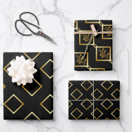 FAUX Gold Geometric Pattern with Monogram on BLACK Inpakpapier Vel