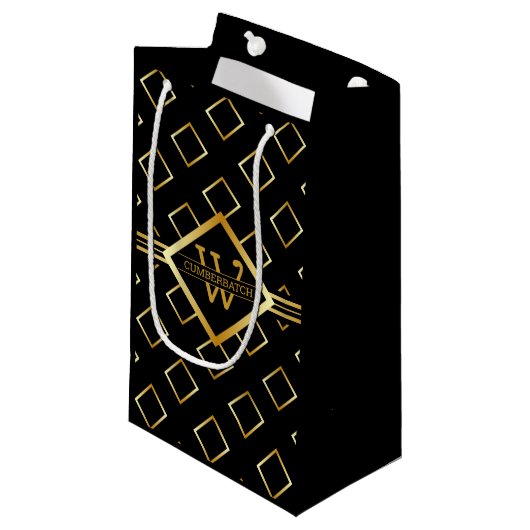 FAUX Gold Geometric Pattern with Monogram on BLACK Klein Cadeauzakje (Voorkant Gekanteld)