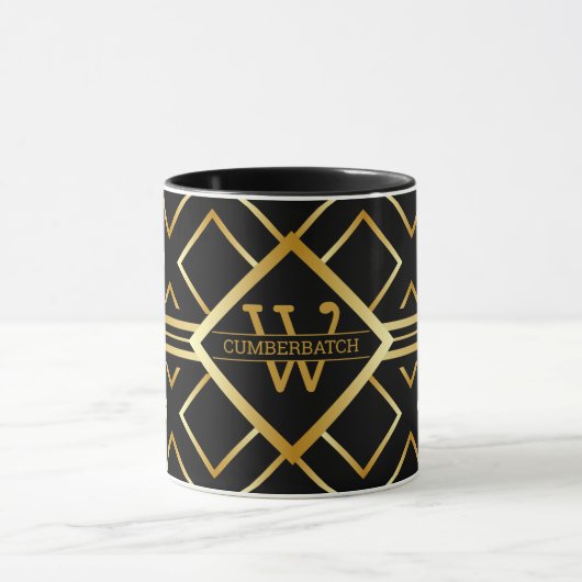 FAUX Gold Geometric Pattern with Monogram on BLACK Mok (Midden)
